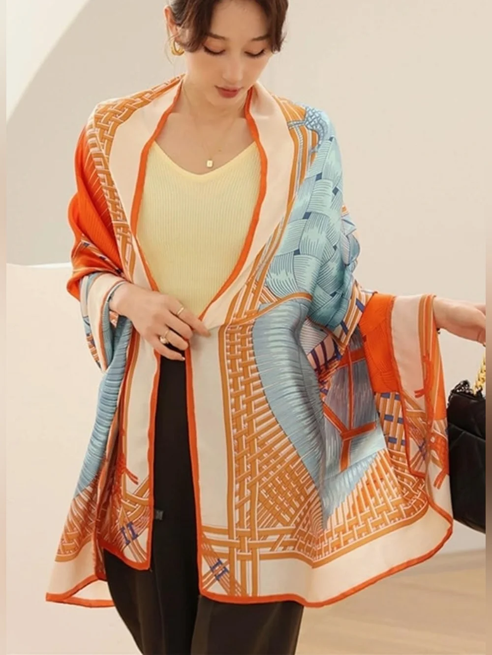 Elegant Orange & Light Blue Equestrian Pattern Silk-Feel Wrap